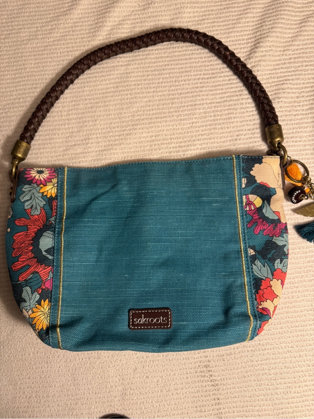 Sakroots Teal Floral Accent Wristlet with Braided Handle